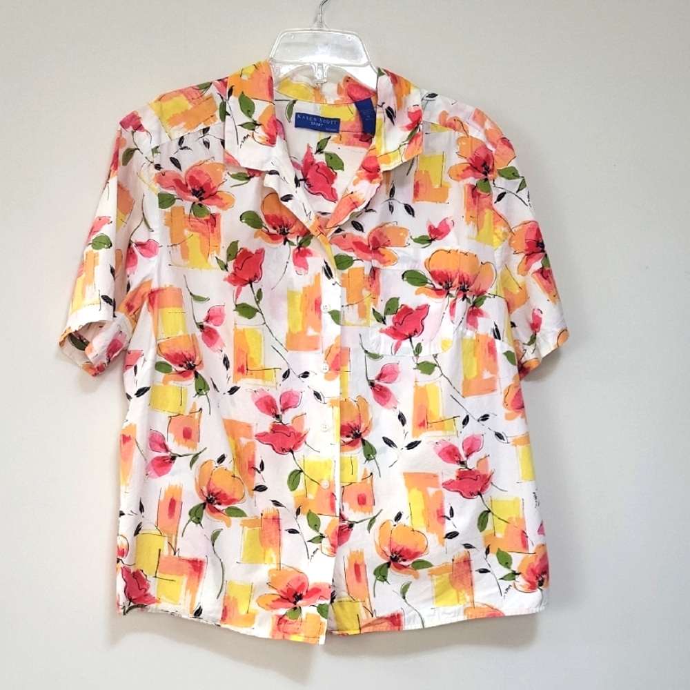 KAREN SCOTT Orange Yellow Cotton Short Sleeve L Pocket Button Down - 1X